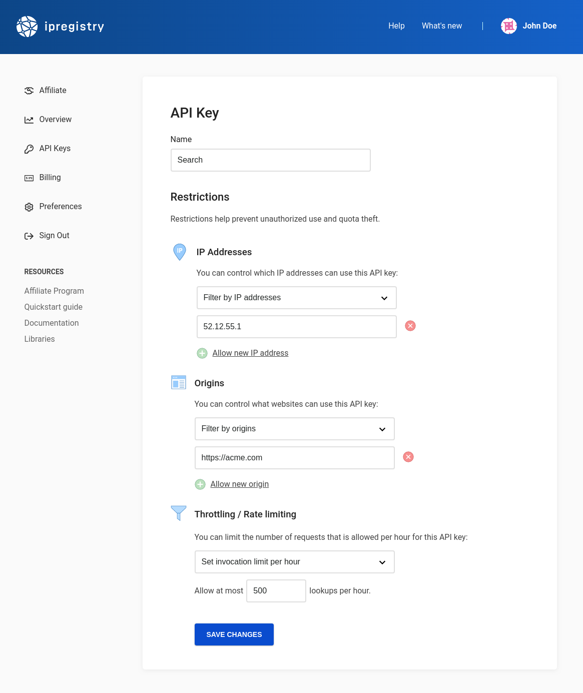 Ipregistry Dashboard – API Key Options