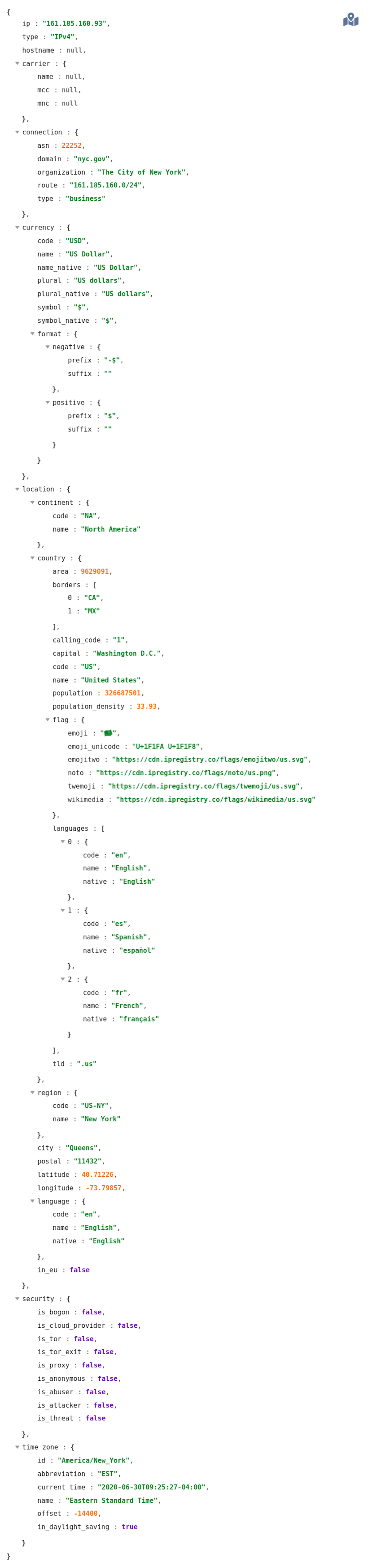 Ipregistry data example for IP 161.185.160.93 Ipregistry data example for IP 161.185.160.93