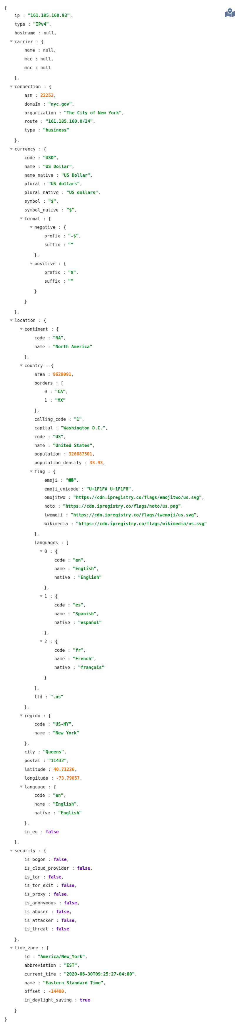 Ipregistry data example for IP 161.185.160.93